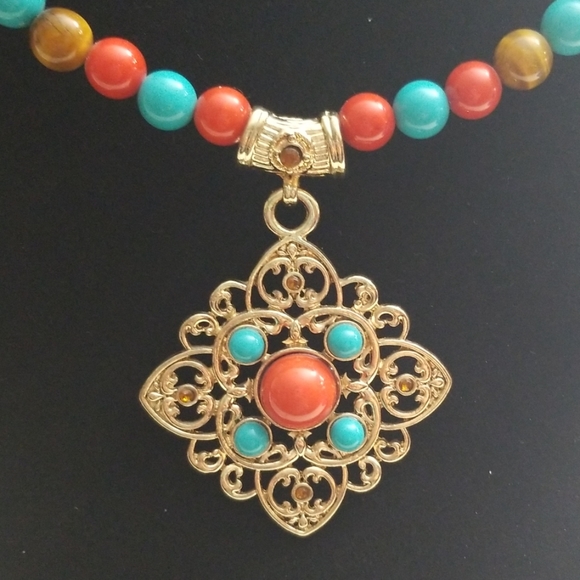 Aqua Blue/Orange Bead Necklace - Picture 2 of 2